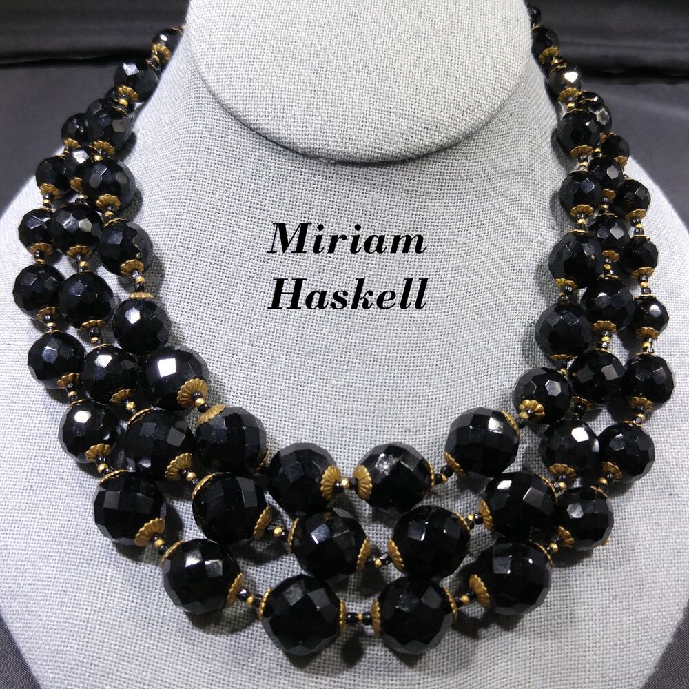 Vintage Miriam Haskell Black Glass Bead Necklace 3 Strand Gold Tone 1960s